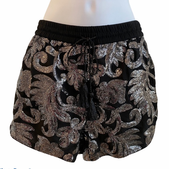 Silver Sequin Paisley Print Shorts w Drawstring  4 - Picture 1 of 11
